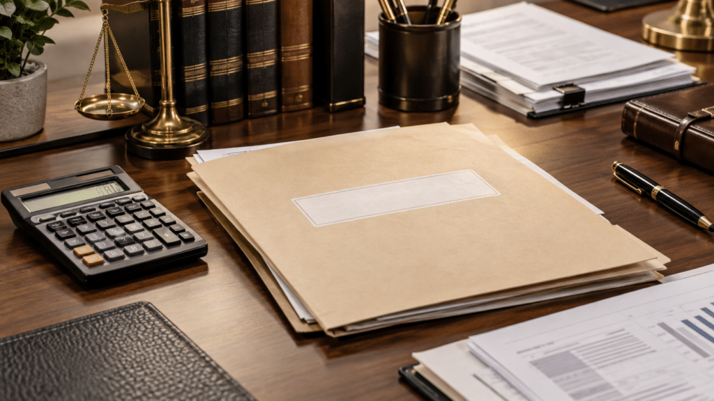 Documentos fiscais e calculadora para análise de execução fiscal